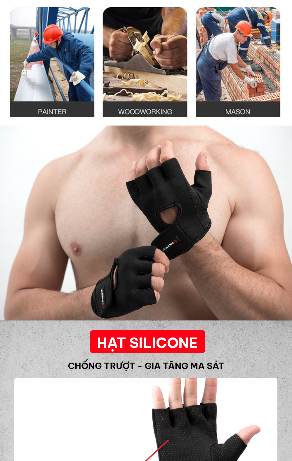 Mô tả Găng tay hở ngón, bao tay tập gym nam nữ GoodFit GF202G đệm silicone chống trượt, vải đục lỗ thoáng khí - 3