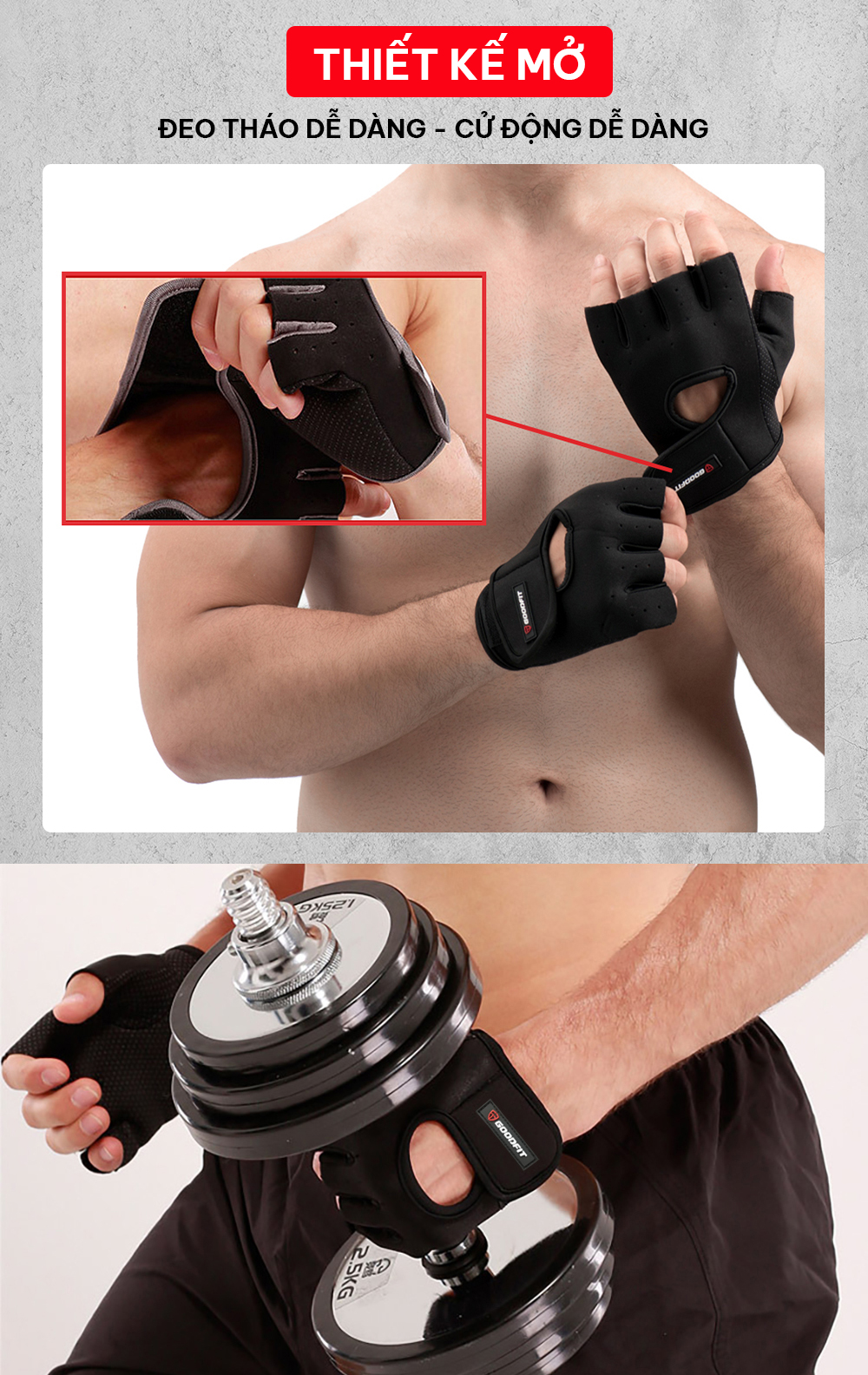 Mô tả Găng tay hở ngón, bao tay tập gym nam nữ GoodFit GF202G đệm silicone chống trượt, vải đục lỗ thoáng khí - 5