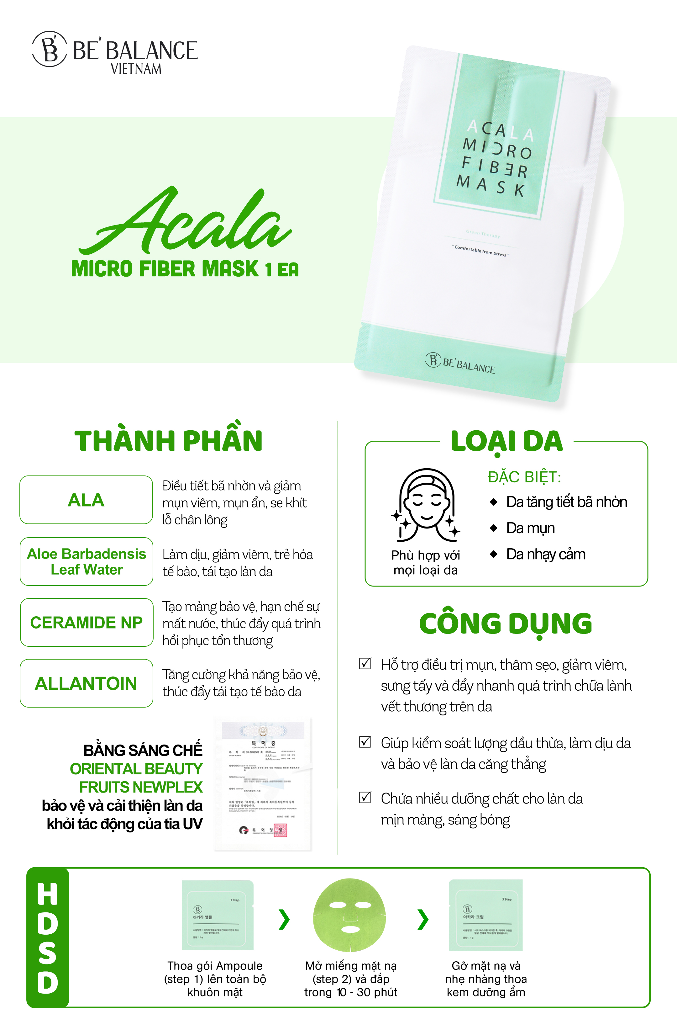 Mô tả Mặt Nạ Vải Vi Sợi Be'Balance ACALA MICRO FIBER MASK 3in1 Làm Đẹp Da 1 hộp 10 miếng - 3