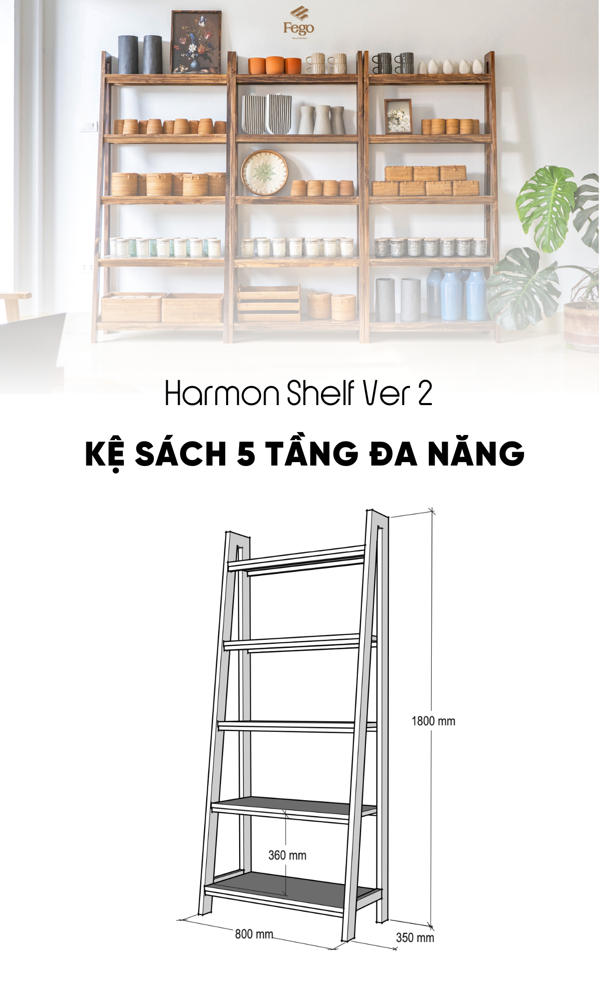 Chi tiết kệ sách gỗ thông FEGO