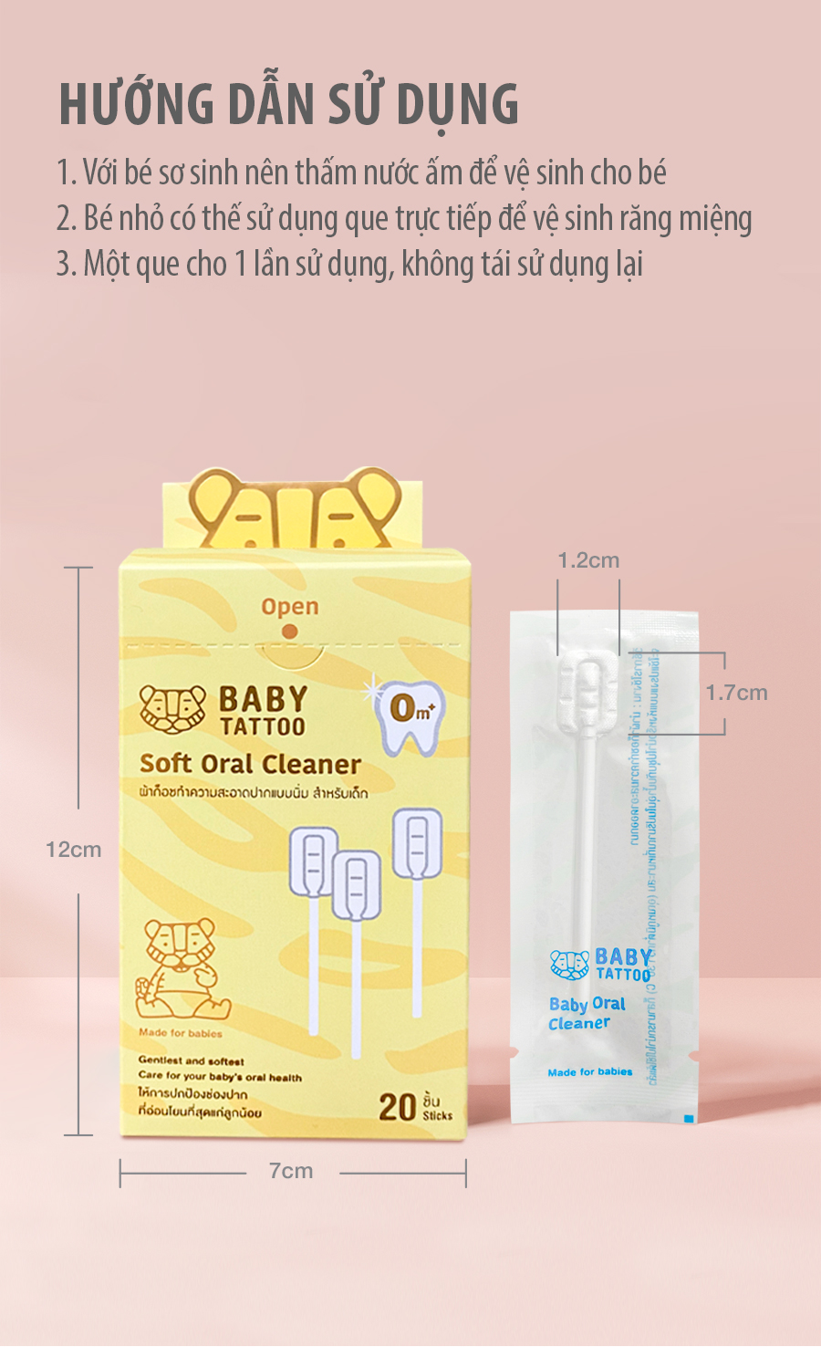 Mô tả Que Rơ Lưỡi BABY TATTOO, Đầu Que Mini Giúp Làm Sạch Răng Miệng Cho Bé, Thiết Kế Mềm Mại, Hộp 20 Que - 2
