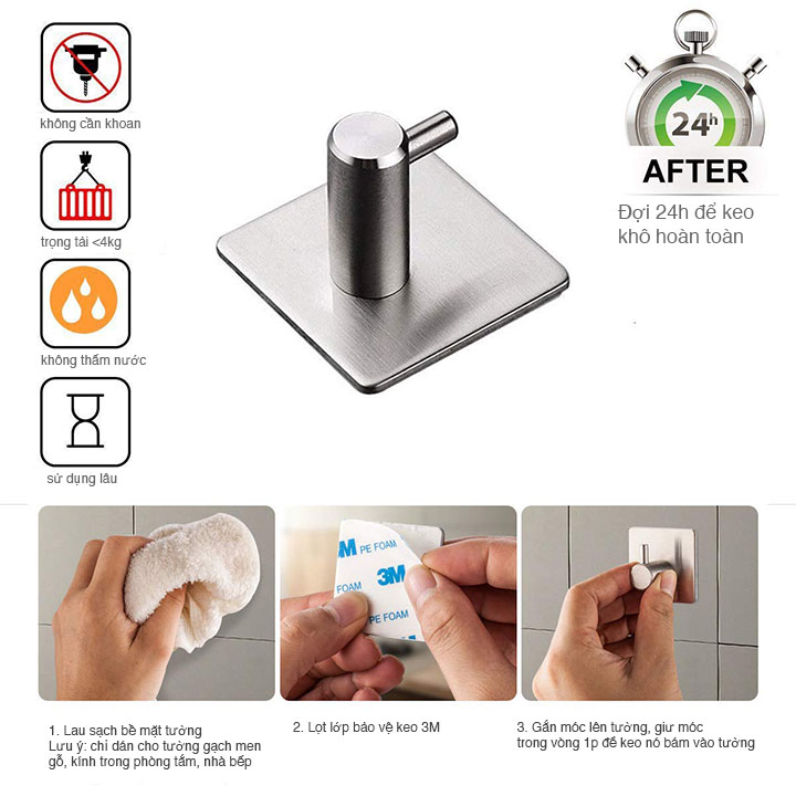 Mô tả Móc INOX 304 Dán Tường Treo Đồ Đa Năng Sử Dụng Keo 3M Siêu Chắc - OENON - 3