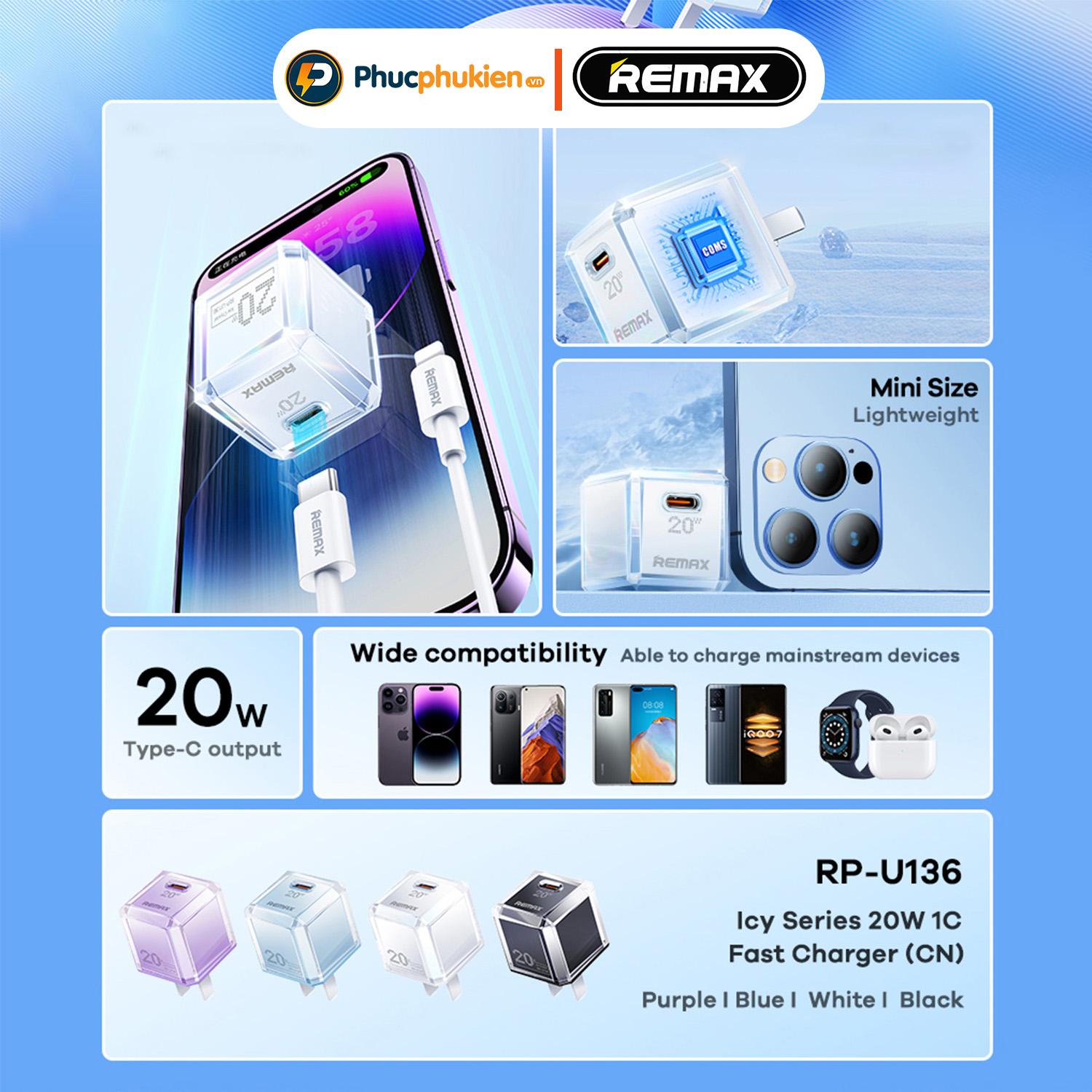 Mô tả Remax U136 - Củ sạc nhanh 20w cổng Type C sạc nhanh 20w cho 14 pro max trở xuống - Phúc Phụ Kiện - 3