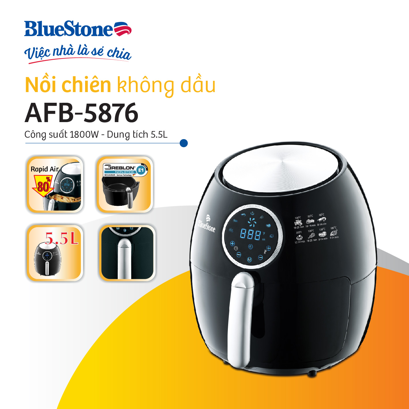Mô tả Nồi Chiên Không Dầu BlueStone  AFB-5876 - 5.5L - 1800W - 1