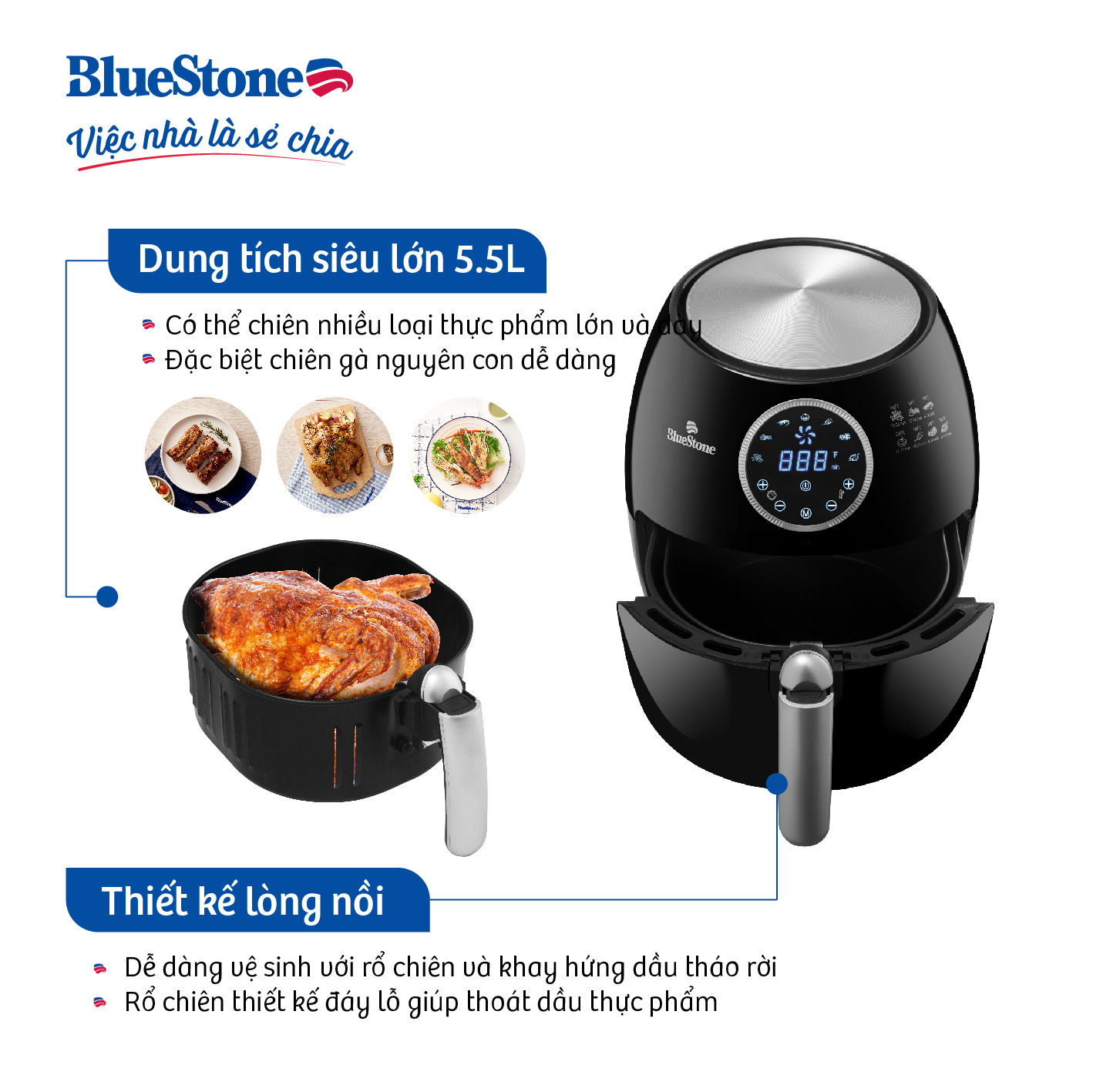 Mô tả Nồi Chiên Không Dầu BlueStone  AFB-5876 - 5.5L - 1800W - 5