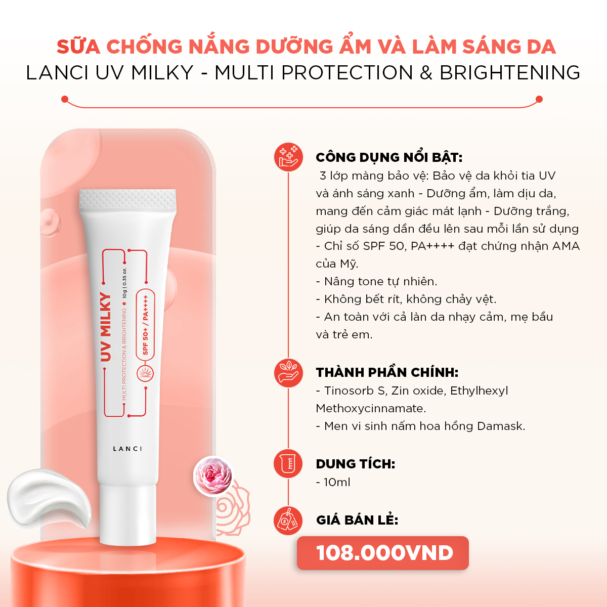 Mô tả Sữa chống nắng dưỡng ẩm và làm sáng da LANCI chống tia UV, không bết dính minisize 10ml - 1