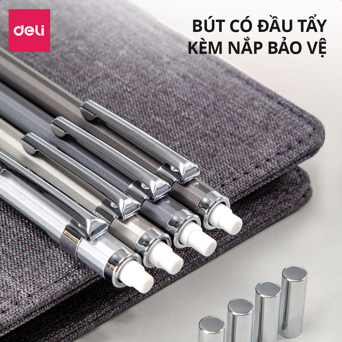 Mô tả Bút chì kim học sinh Deli kèm đầu tẩy - Ngòi 0.5/0.7mm - Vỏ kim loại không hao mòn chống gỉ- bảo vệ ngòi chì khi sử dụng - 1