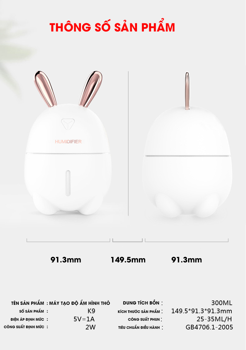 Mô tả Máy phun sương tạo độ ẩm & khuếch tán tinh dầu hình thỏ, giúp căn phòng luôn thơm mát, có thể dùng làm đèn trang trí. - 4