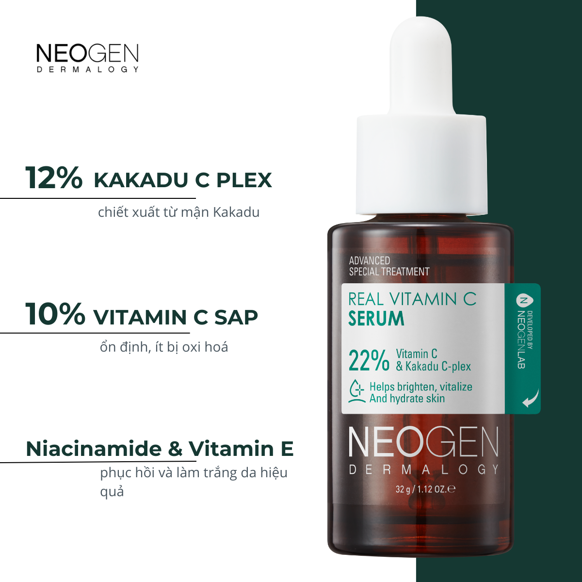 Serum Dưỡng Trắng Mờ Thâm 460x Vitamin C Sinh Học Kakadu 22% Neogen  Dermalogy 32g
