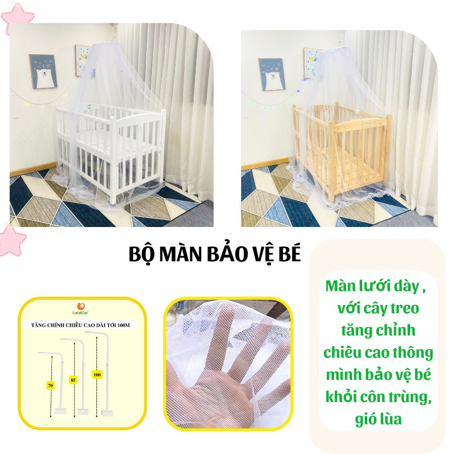 Mô tả Cũi Cho Bé GOLDCAT 4IN1 Làm Từ Gỗ Quế Tự Nhiên, Có Thể Gấp Gọn Điều Chỉnh 2 Mức Cũi, Kèm Đệm Muslin Cao Cấp - 6