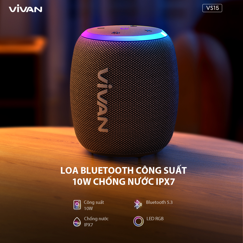 Mô tả Loa Bluetooth 5.3 VIVAN VS15 Đen Công Suất 10W Chống Nước IPX7, Led RGB, Playtime Lên Đến 10H - Chính Hãng - 1