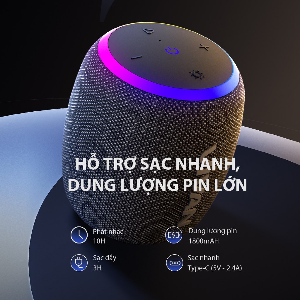 Mô tả Loa Bluetooth 5.3 VIVAN VS15 Đen Công Suất 10W Chống Nước IPX7, Led RGB, Playtime Lên Đến 10H - Chính Hãng - 7