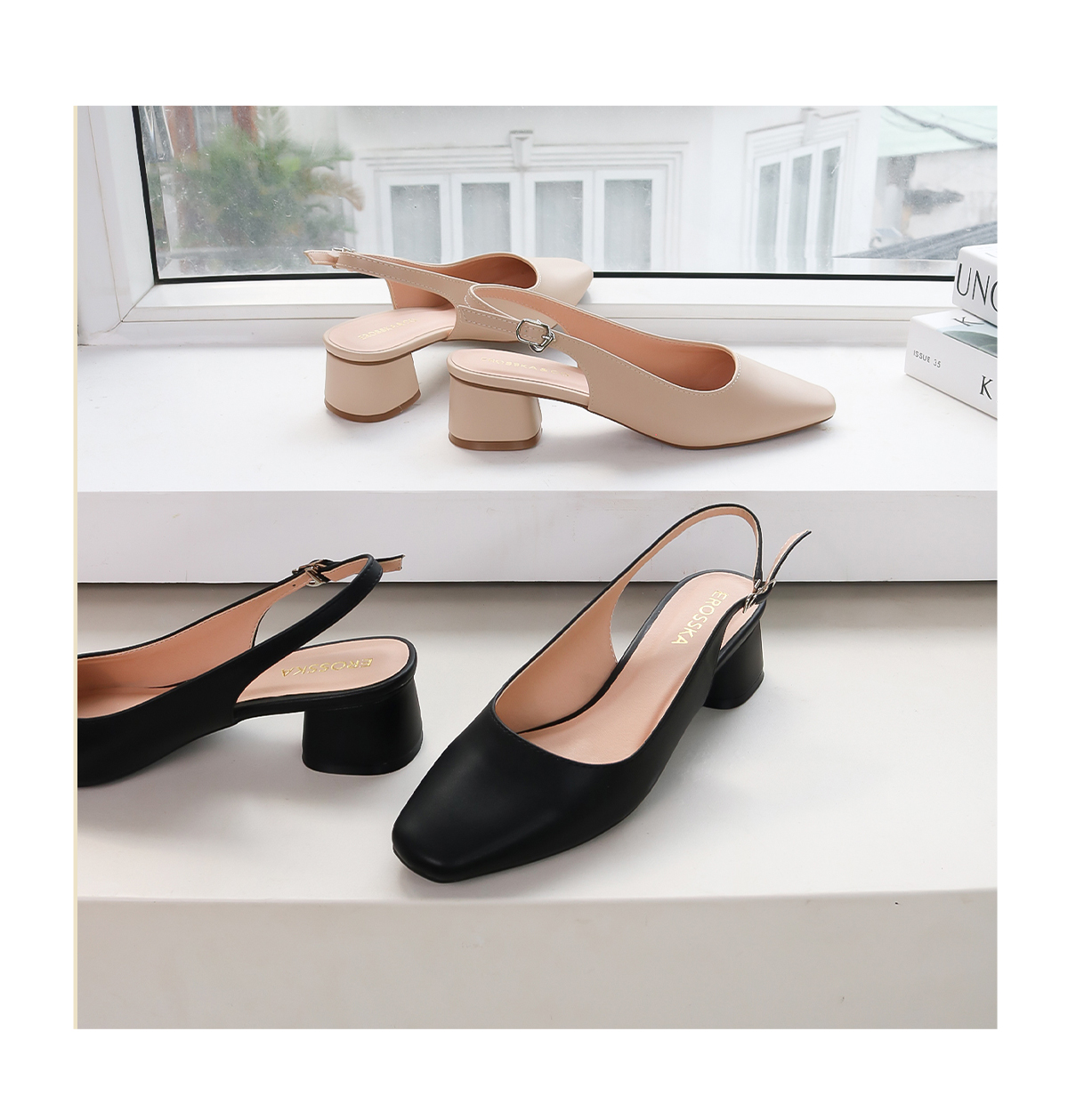 Mô tả Erosska  - Giày cao gót slingback mũi vuông gót vuông vững chắc màu kem cao 5cm _ EL013 - 2