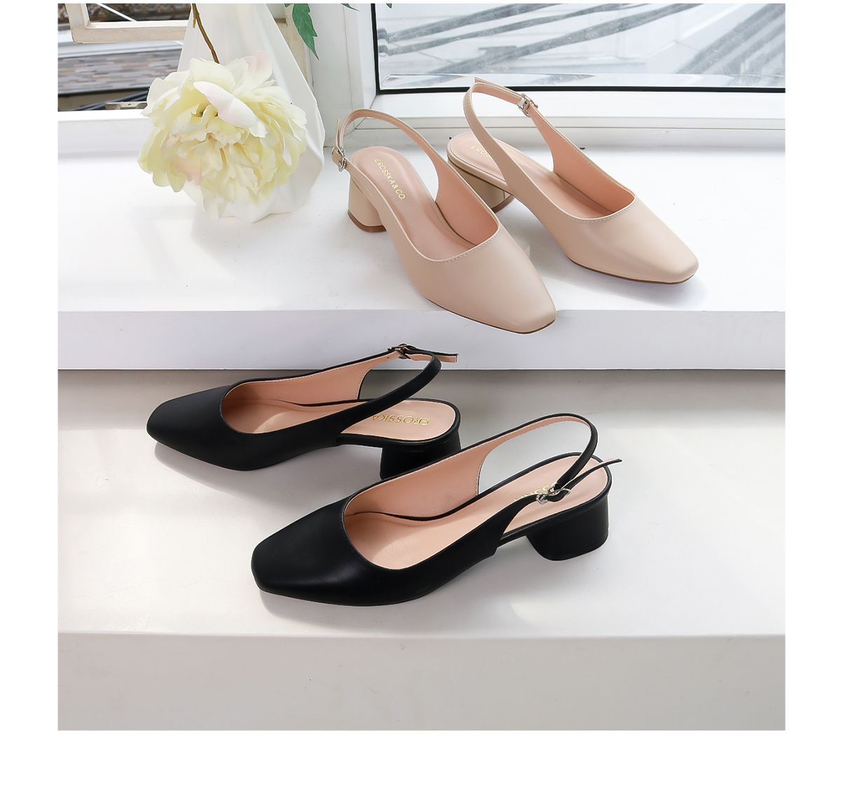 Mô tả Erosska  - Giày cao gót slingback mũi vuông gót vuông vững chắc màu kem cao 5cm _ EL013 - 3