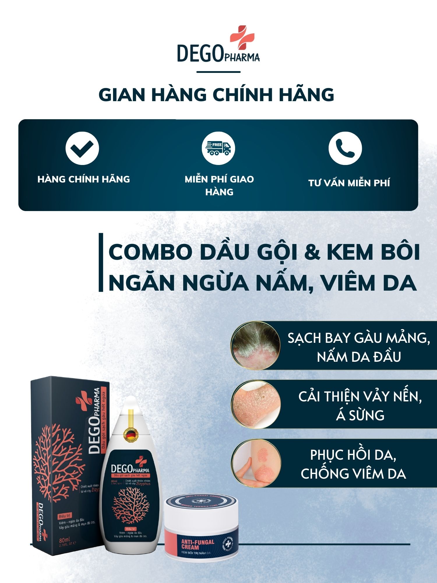 Mô tả Combo dầu gội & kem bôi da dứt điểm nấm da đầu, viêm da, vảy nến Dego Pharma - 1