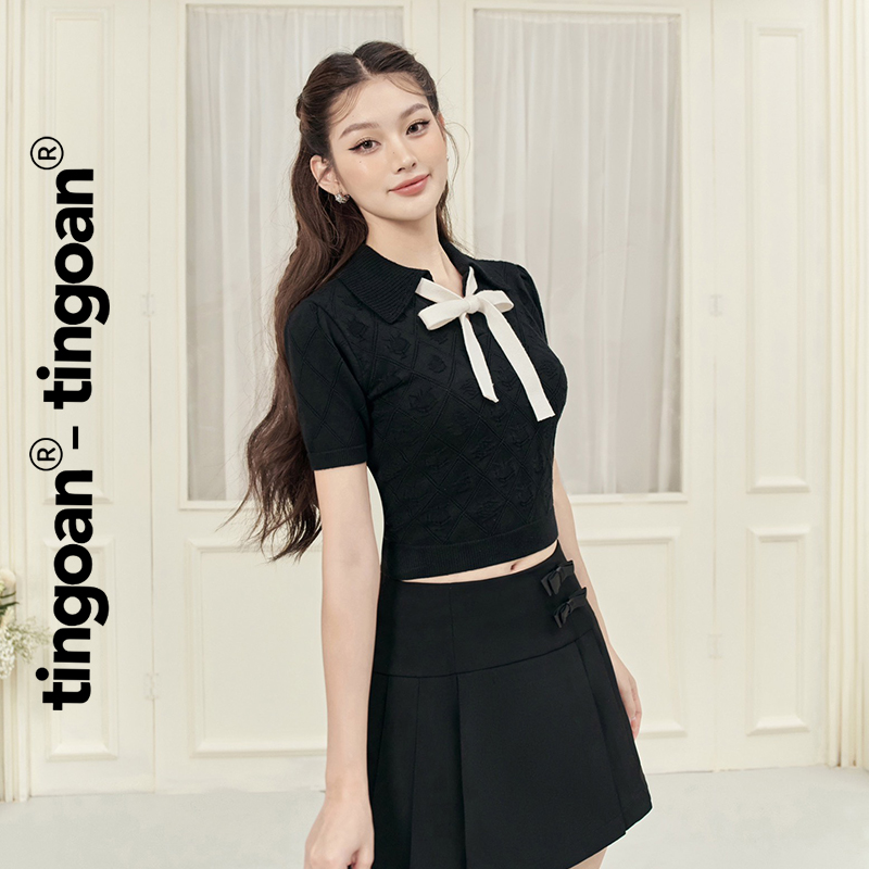 Mô tả TINGOAN® - Áo len đen crop bề mặt len hoạ tiết quả trám buộc nơ YURI YURI TOP/BL PHIÊN BẢN MỚI NHẤT T6/2024 - 1
