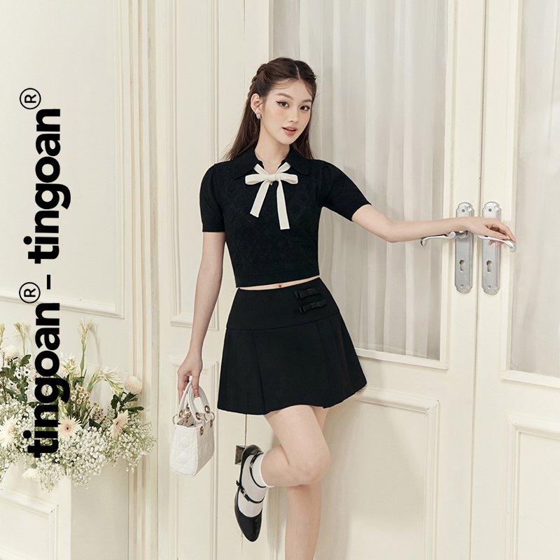 Mô tả TINGOAN® - Áo len đen crop bề mặt len hoạ tiết quả trám buộc nơ YURI YURI TOP/BL PHIÊN BẢN MỚI NHẤT T6/2024 - 4