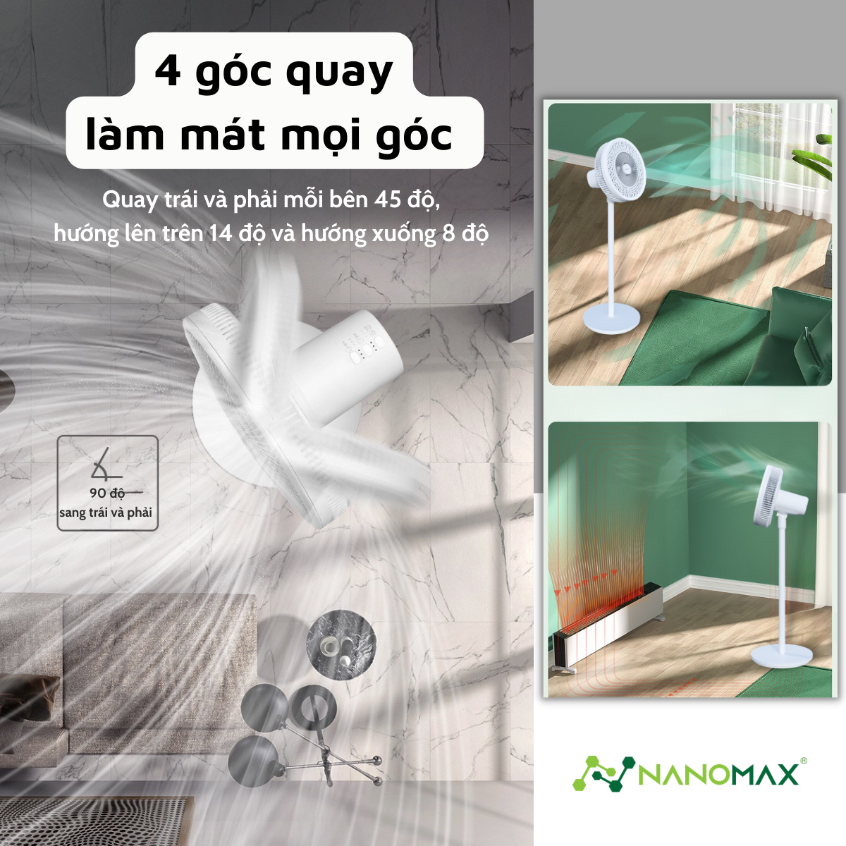 Mô tả Quạt Cây Đứng Tuần Hoàn Không Khí NANOMAX QN-08, Công Suất 60W, Tùy Chỉnh Độ Cao 3 Mức, Tặng Kèm Điều Khiển Từ Xa - 10