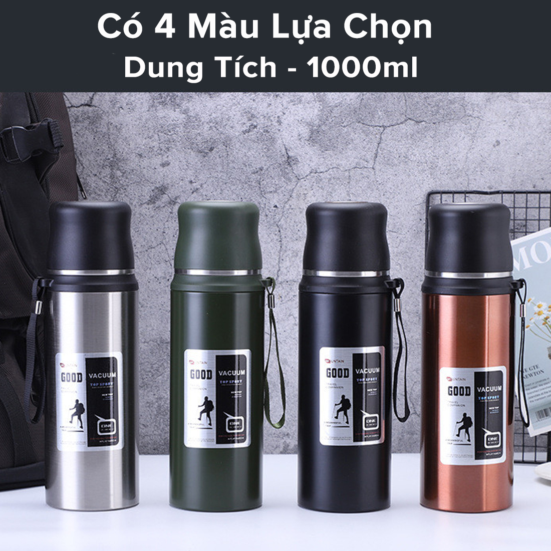 Mô tả Bình Phích Inox Giữ Nhiệt Nóng Lạnh Good 1000ml Có Nút Nhấn Uống Luôn Có Quai Đeo, Cốc Uống Chính Hãng Amalife - 2
