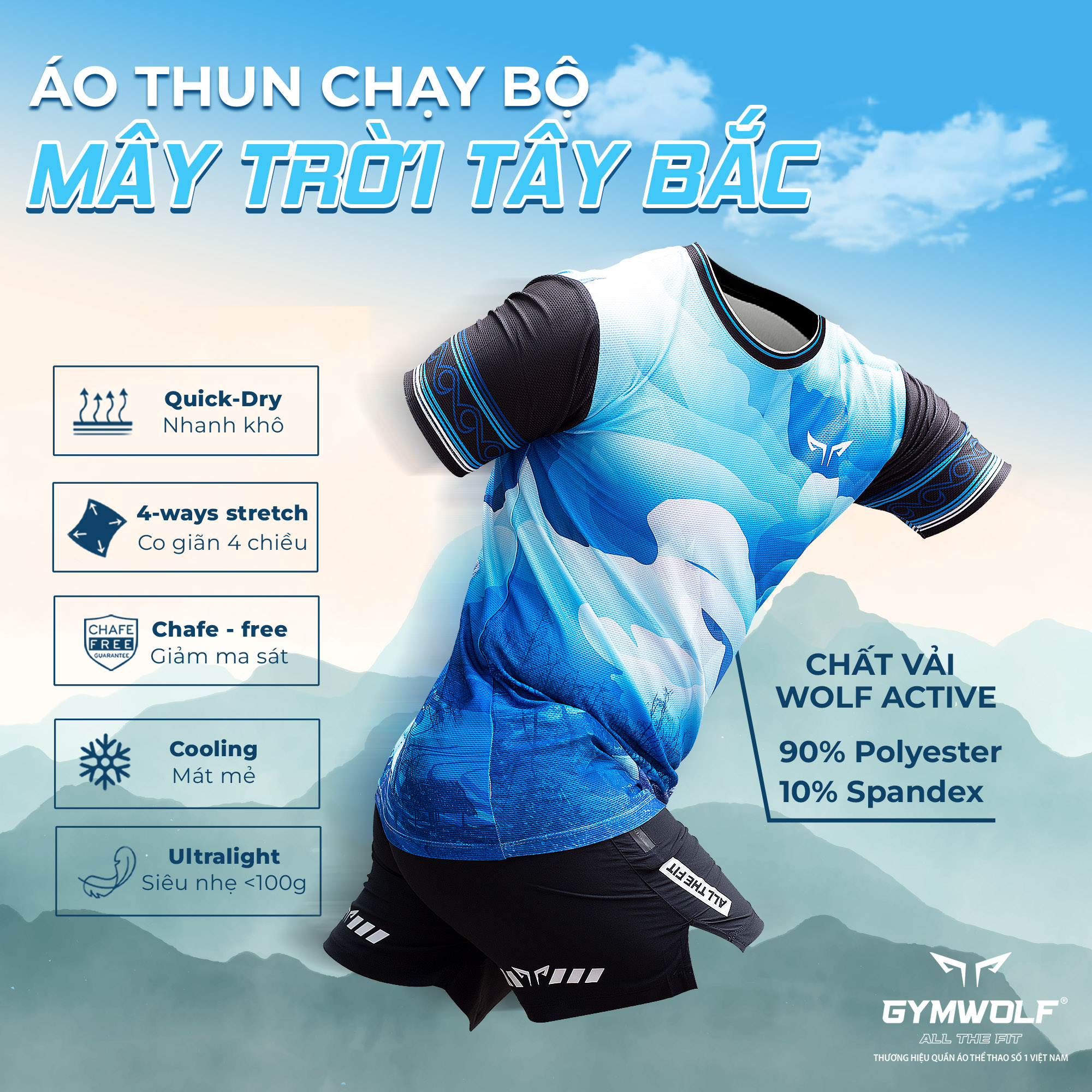 Áo chạy bộ xanh da trời Mây Trời Tây Bắc Gymwolf – chất liệu thoáng mát, nhẹ nhàng khi chạy