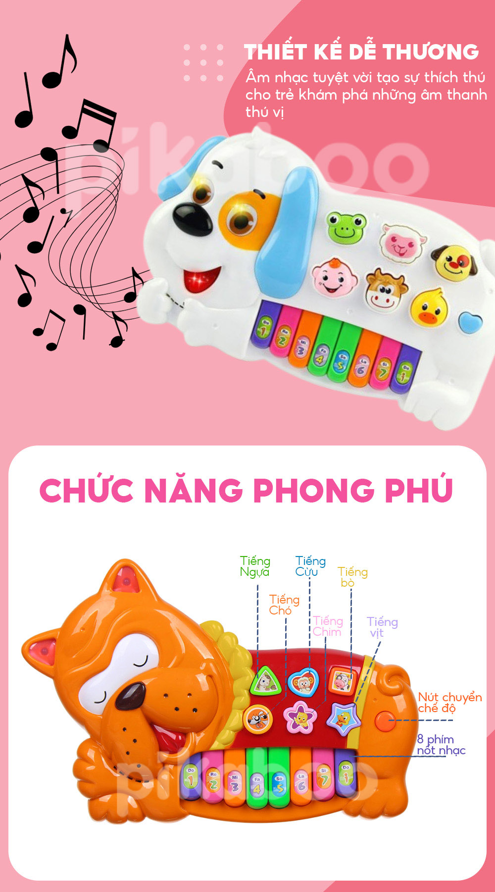 Mô tả Đàn piano cho bé Pikaboo cao cấp, âm thanh chất lượng, đèn led sáng nhấp nháy, nhiều chế độ - 2