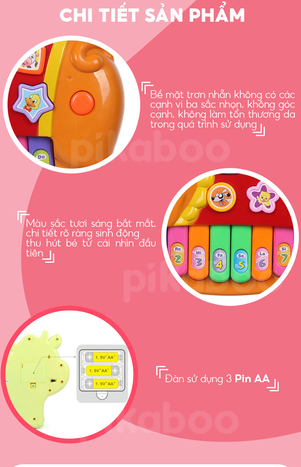 Mô tả Đàn piano cho bé Pikaboo cao cấp, âm thanh chất lượng, đèn led sáng nhấp nháy, nhiều chế độ - 3