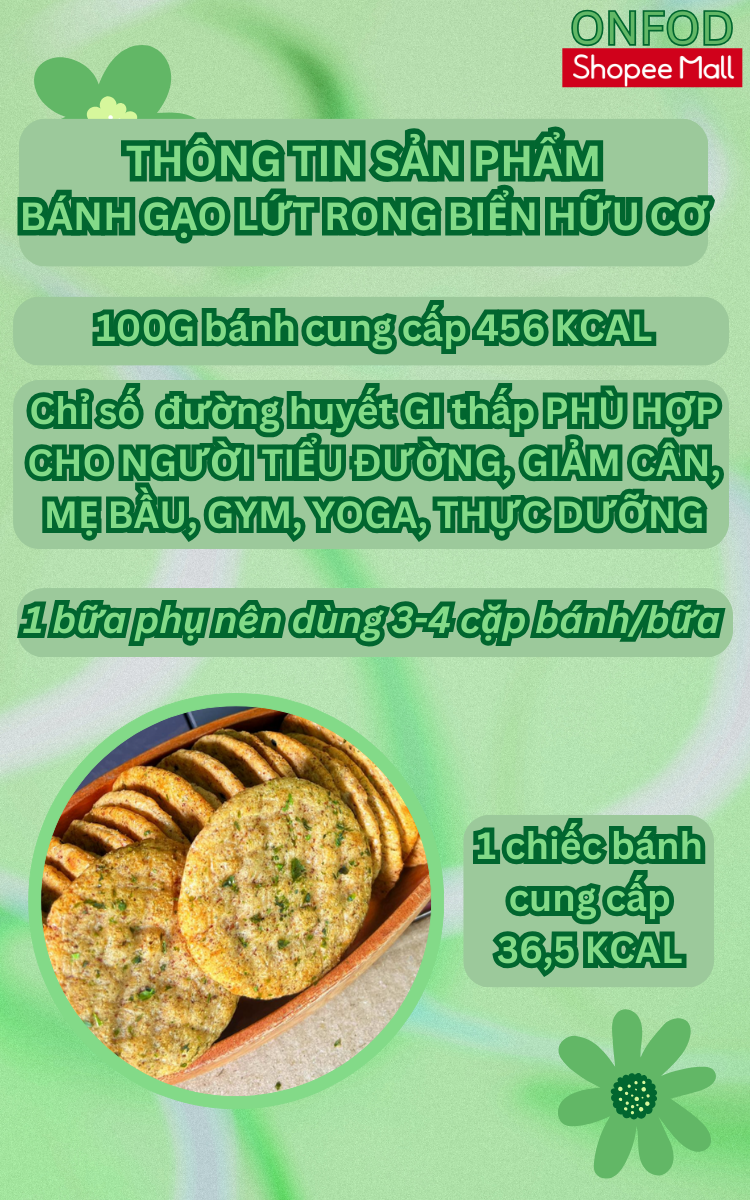 Mô tả Bánh gạo lứt rong biển hữu cơ ONFOD ăn kiêng giảm cân cho người tiểu đường mẹ bầu eat clean 125g 24 cái - 1