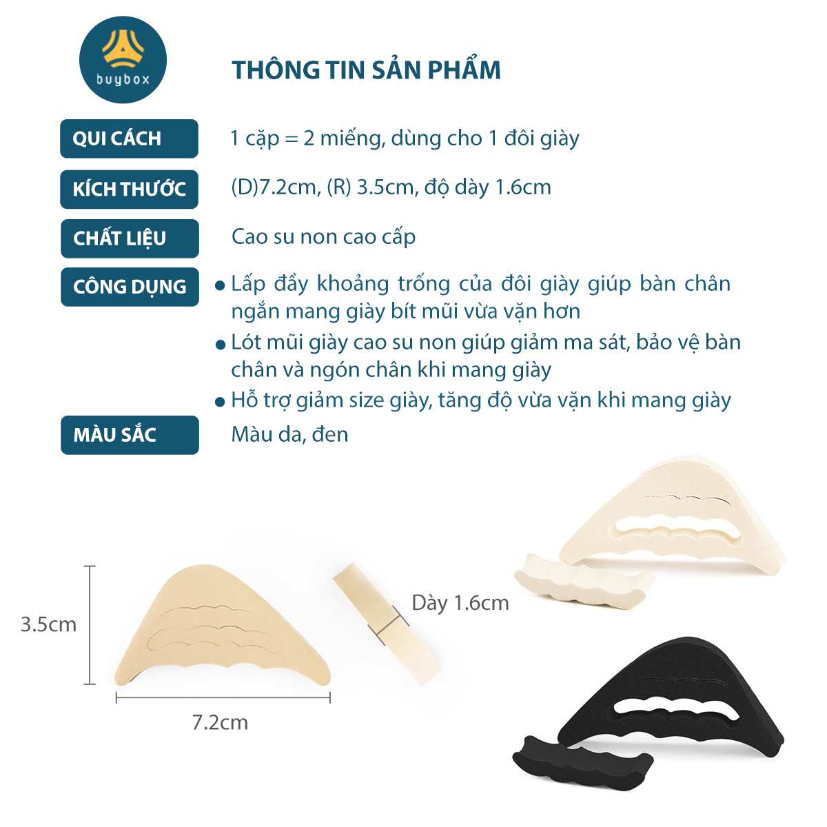 Mô tả 2 cặp miếng lót mũi giày nam cao su non đệm êm ngón chân - buybox - BBPK50 - 12