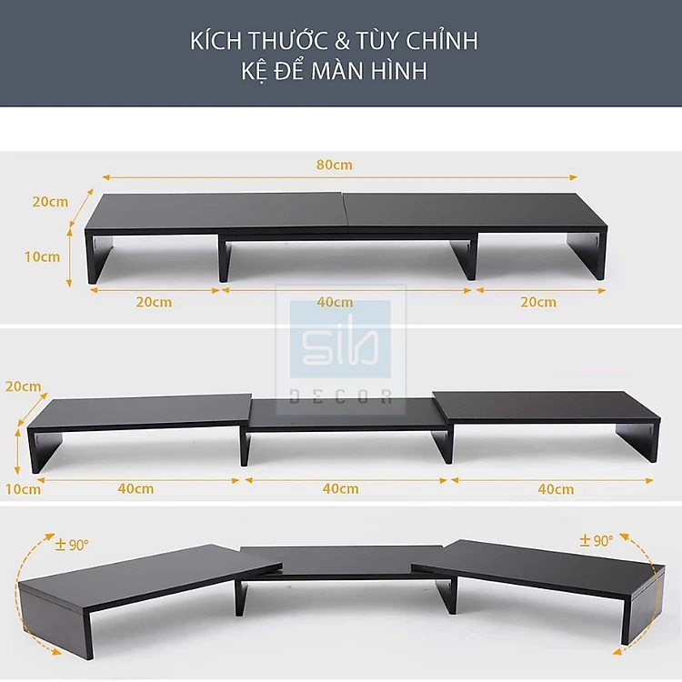 Bộ 3 Kệ Để Màn Hình SIB Decor KDB10 màu đen