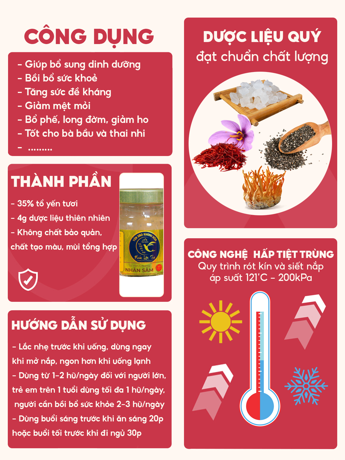 Mô tả Yến chưng sẵn Combo 6 hũ chưng đông trùng hạ thảo,Tổ Yến Sào Khánh Hòa Phúc Lộc Thọ,Hũ 35% hàm lượng yến trên 1 hũ 70ml - 2