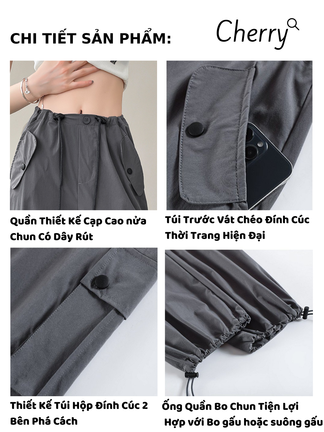 Quần túi hộp nữ CHERRY ống rộng cạp chun chất gió dù có dây rút gấu (Có ...