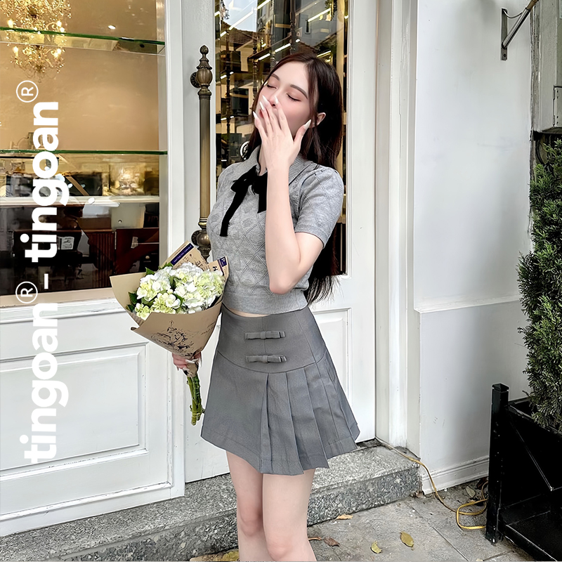 Mô tả TINGOAN® - Áo len xám crop bề mặt len hoạ tiết quả trám buộc nơ YURI YURI TOP/GR PHIÊN BẢN MỚI NHẤT T6/2024 - 2