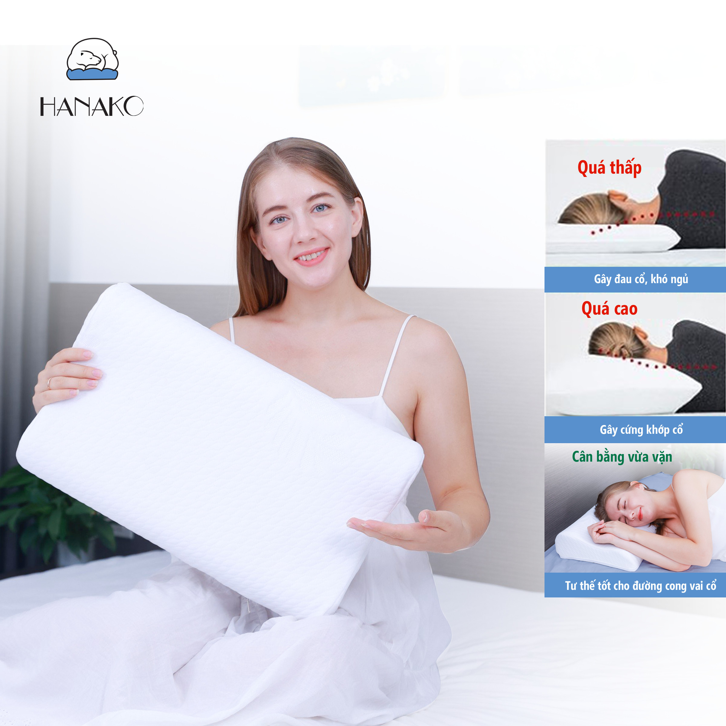 Mô tả Gối ngủ chống đau vai gáy công thái học HANAKO nội địa nhật, chất liệu mút cô đặc cao cấp- Tặng vỏ gối - 3