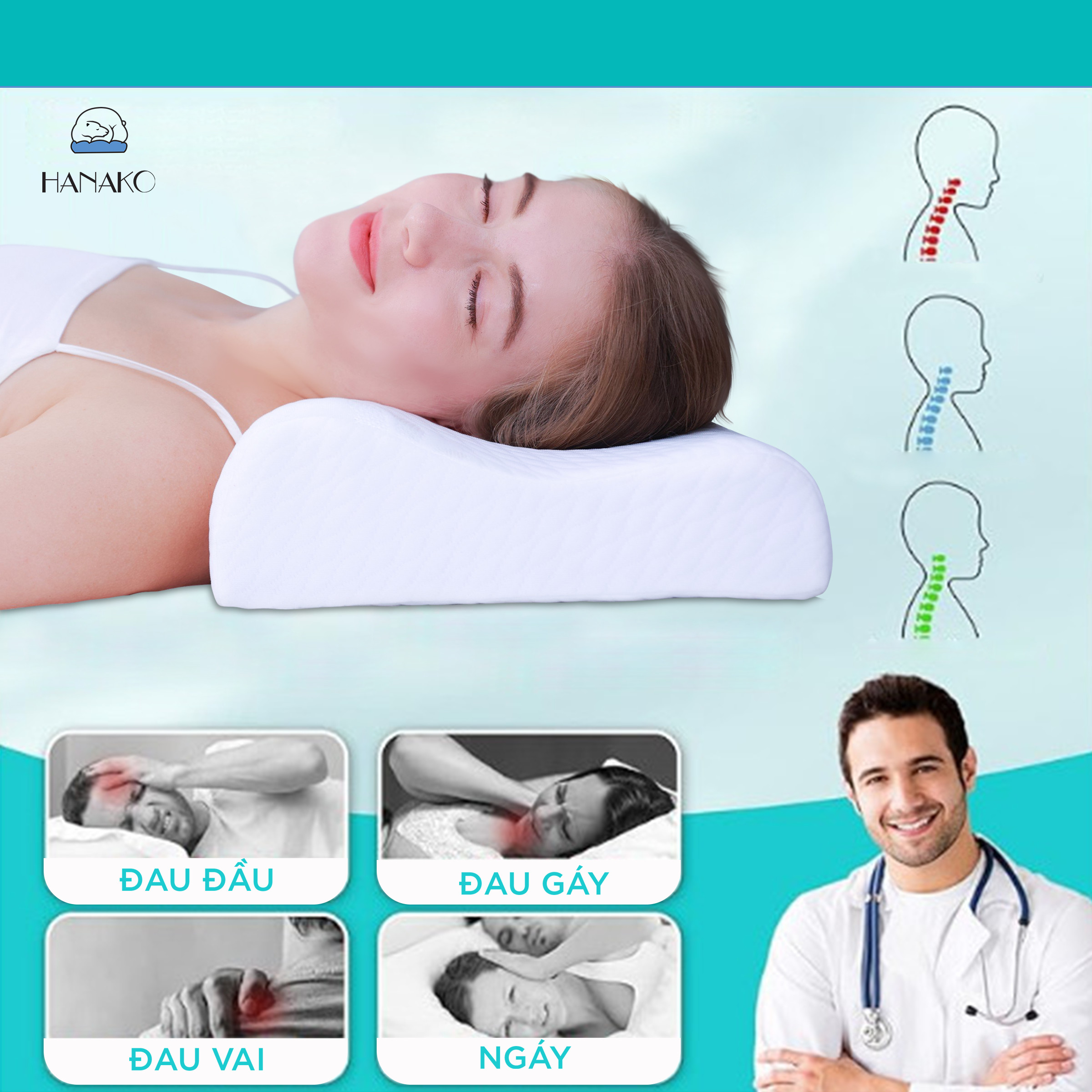 Mô tả Gối ngủ chống đau vai gáy công thái học HANAKO nội địa nhật, chất liệu mút cô đặc cao cấp- Tặng vỏ gối - 5