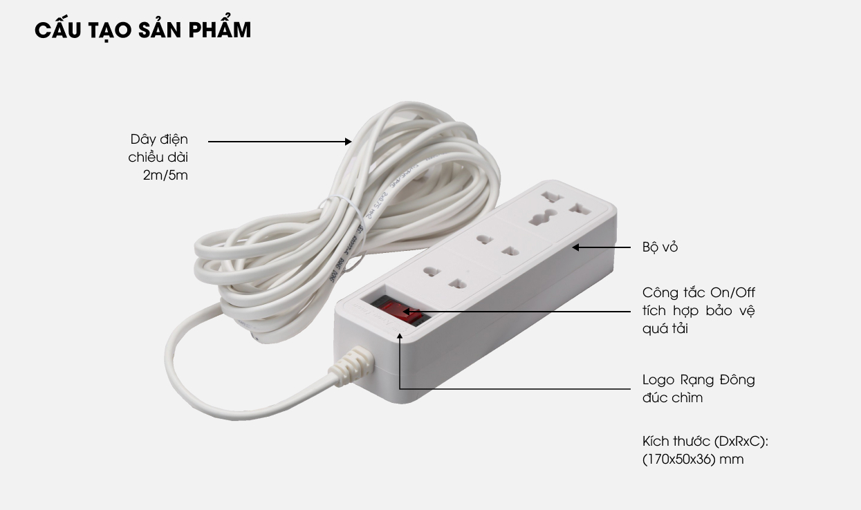 Mô tả Ổ cắm kéo dài 2m và 5m Rạng Đông - Model: OC05 3C/2M/10A - 5