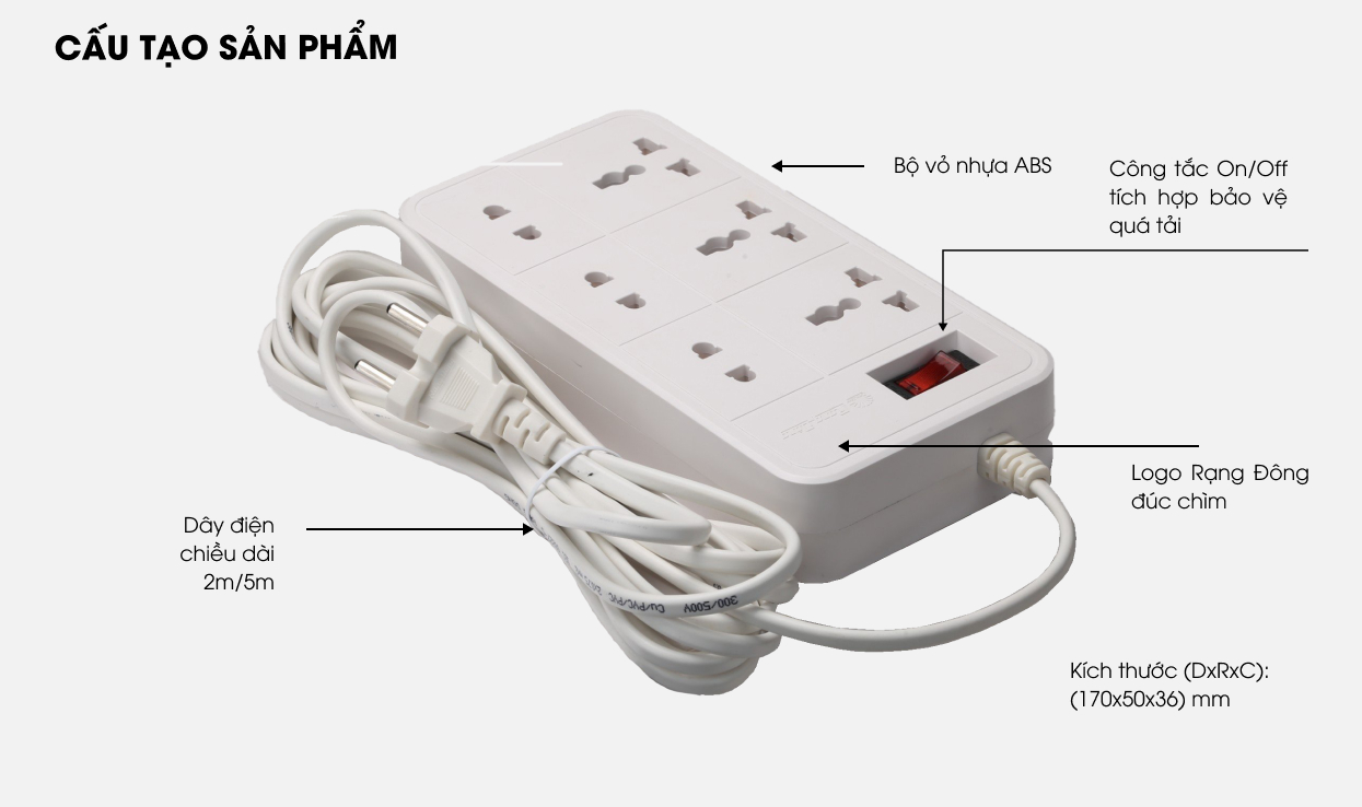 Mô tả Ổ cắm kéo dài nhiều ổ dây 2m và 5m Rạng Đông - Model: OC06 6C/2M/10A - 5