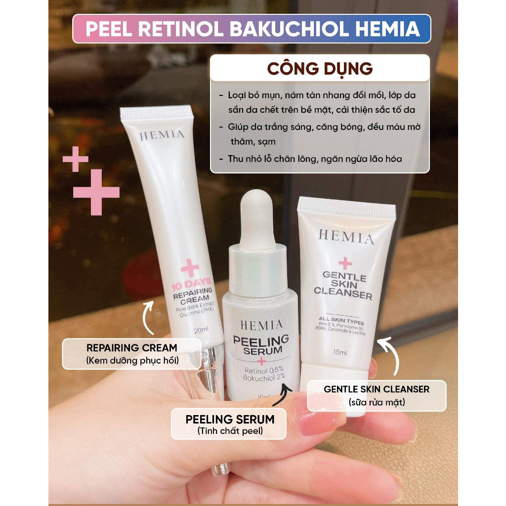 Mô tả Set 3 sản phẩm peel da HEMIA gồm sữa rửa mặt, tinh chất tái tạo retinol 0.5%, kem dưỡng phục hồi da - 1