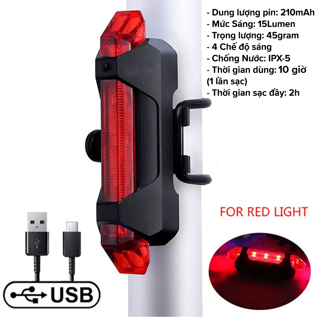 Mô tả Đèn Xe Đạp Hậu LED Có Pin Sạc USB Gắn Sau Xe Thể Thao Cảnh Báo An Toàn Nhấp Nháy Chính Hãng Amalife - 6