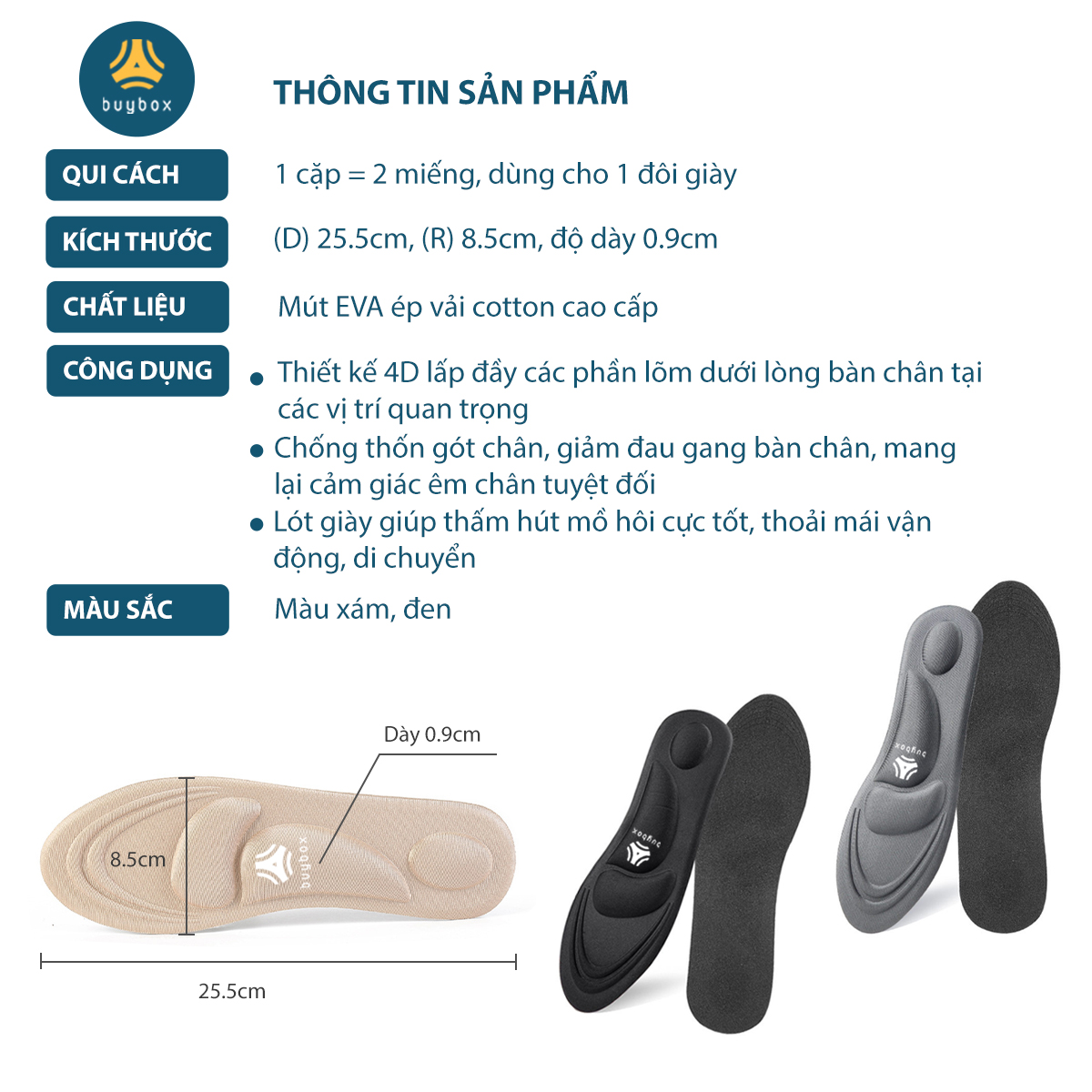 Mô tả Lót giày thể thao 4D có gờ chống sốc giảm mỏi gang bàn chân - buybox - BBPK36 - 12