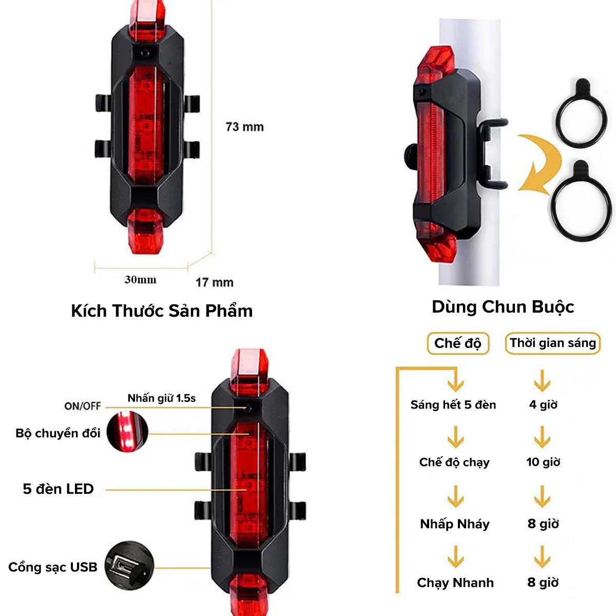 Mô tả Đèn Báo Hiệu Gắn Đuôi Xe Đạp 5 Bóng LED 4 Chế Độ Sáng Có Pin Sạc USB Cảnh Báo An Toàn Chính Hãng Amalife - 6