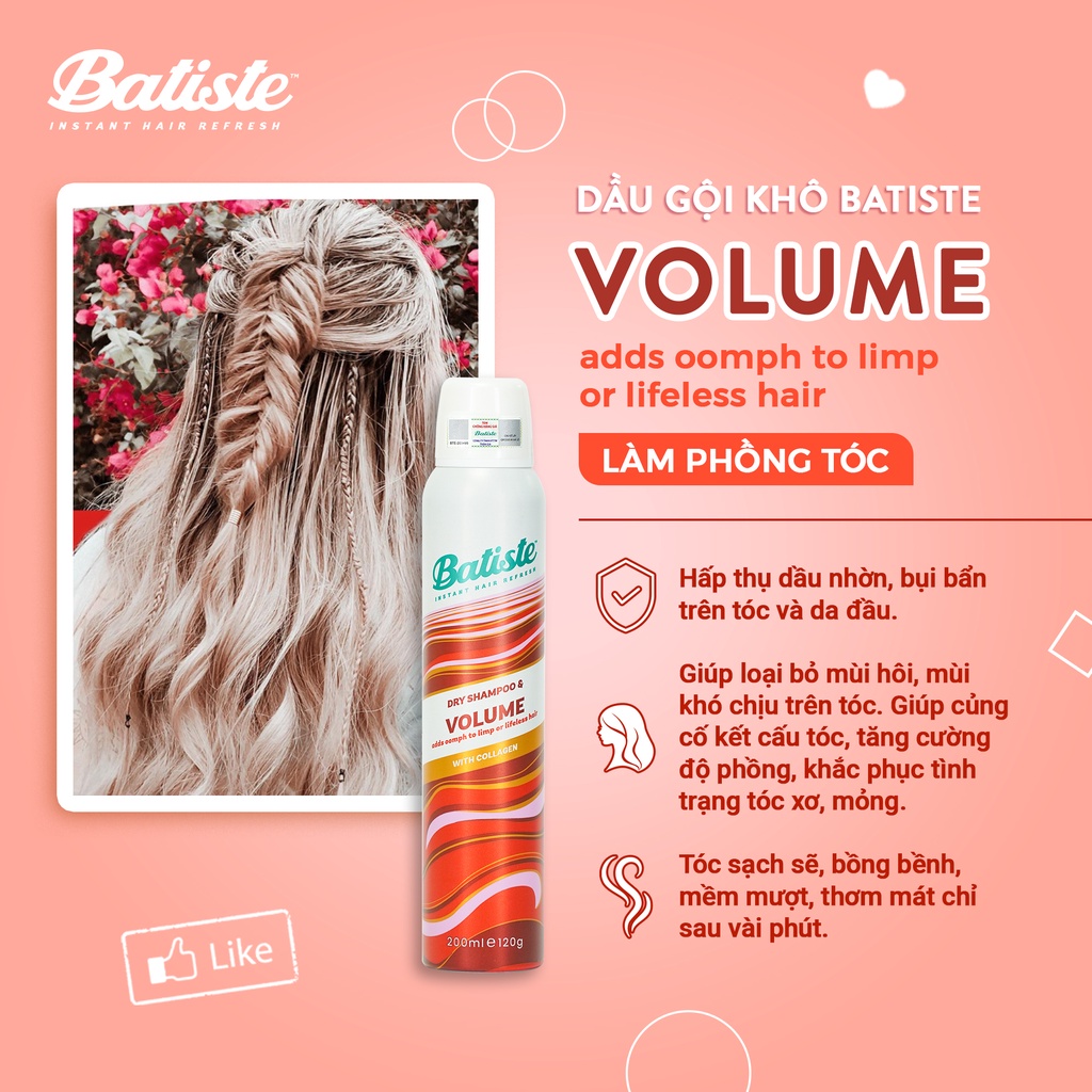Mô tả Dầu Gội Khô Batiste Dry Shampoo Loại Bỏ Dầu Nhờn, Nhiều Hương 50ml/200ml Phồng Tóc Tức Thì Daily Beauty - 1
