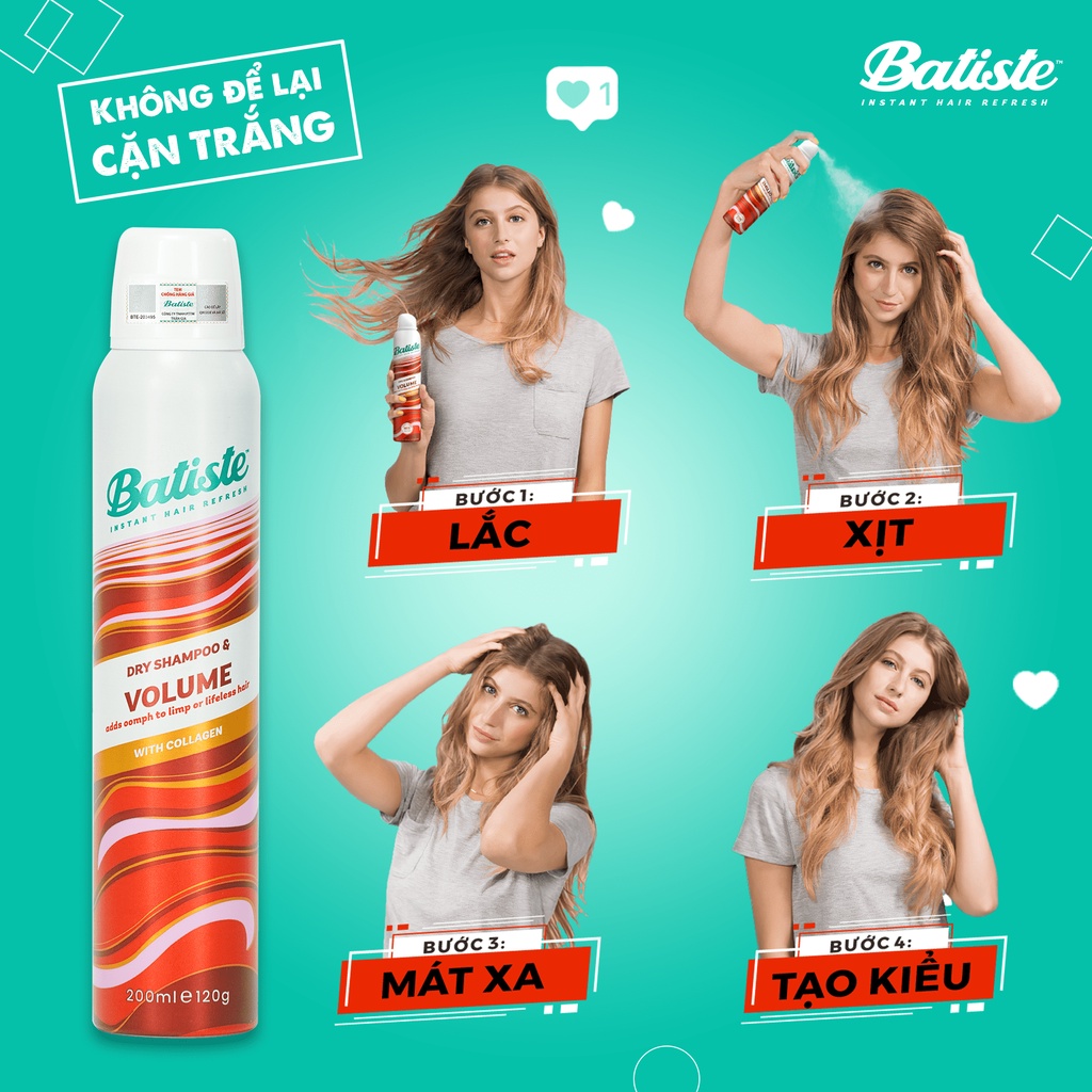 Mô tả Dầu Gội Khô Batiste Dry Shampoo Loại Bỏ Dầu Nhờn, Nhiều Hương 50ml/200ml Phồng Tóc Tức Thì Daily Beauty - 3