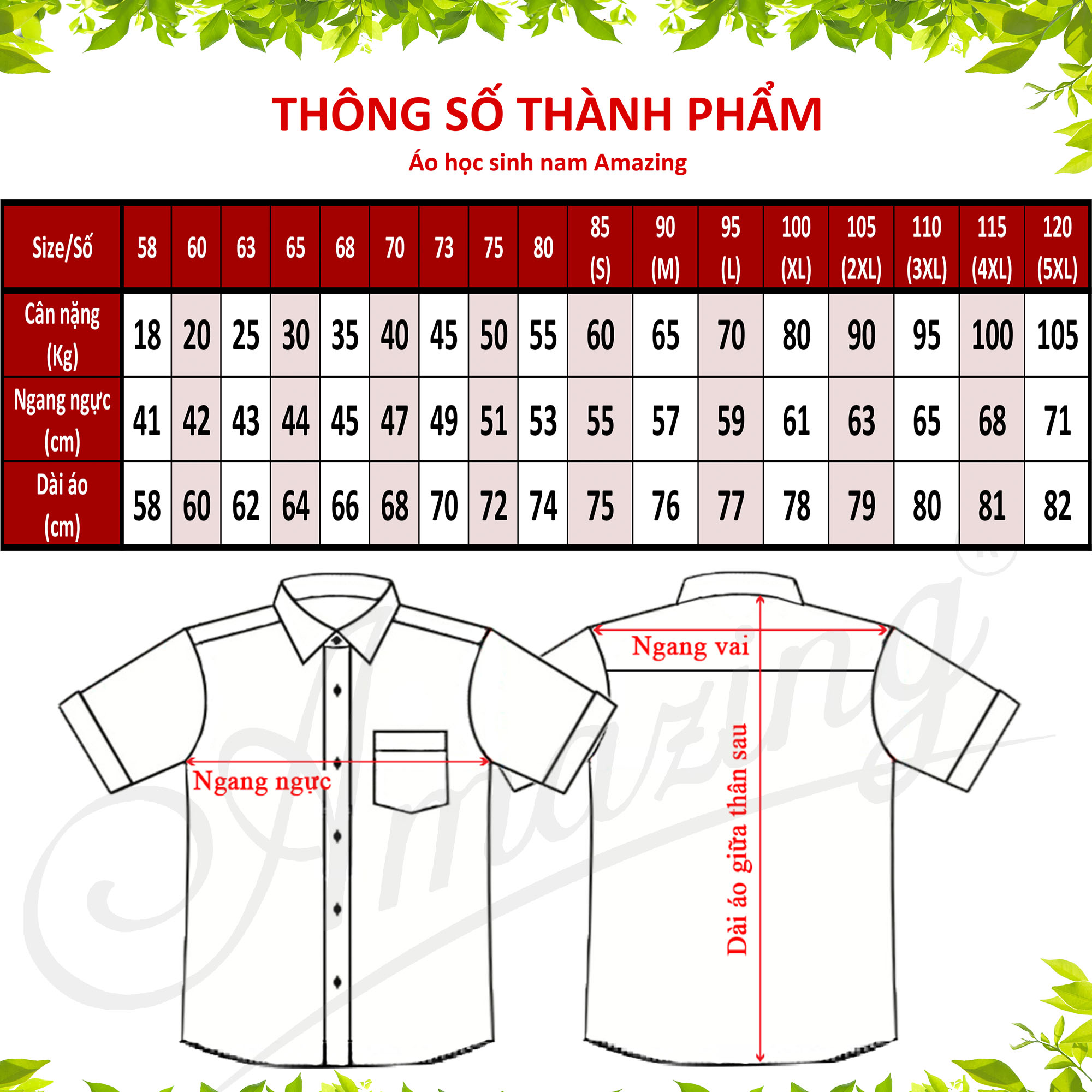 Mô tả Áo trắng học sinh nam Amazing, vải KT Silk  tay ngắn, đồng phục đi học cho bé trai từ 20-110 kg - 1