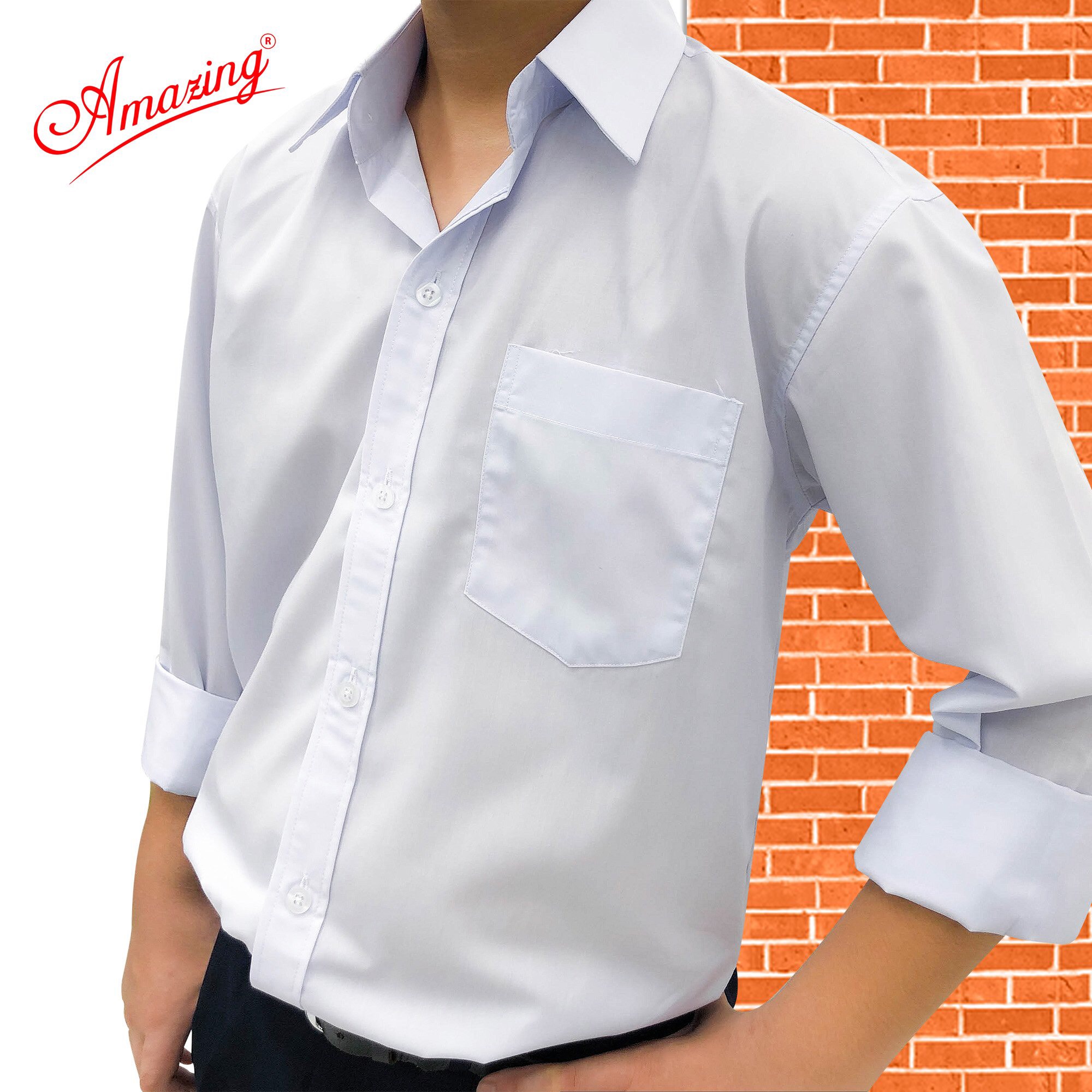 Mô tả Áo trắng học sinh nam Amazing, vải KT Silk  tay ngắn, đồng phục đi học cho bé trai từ 20-110 kg - 2