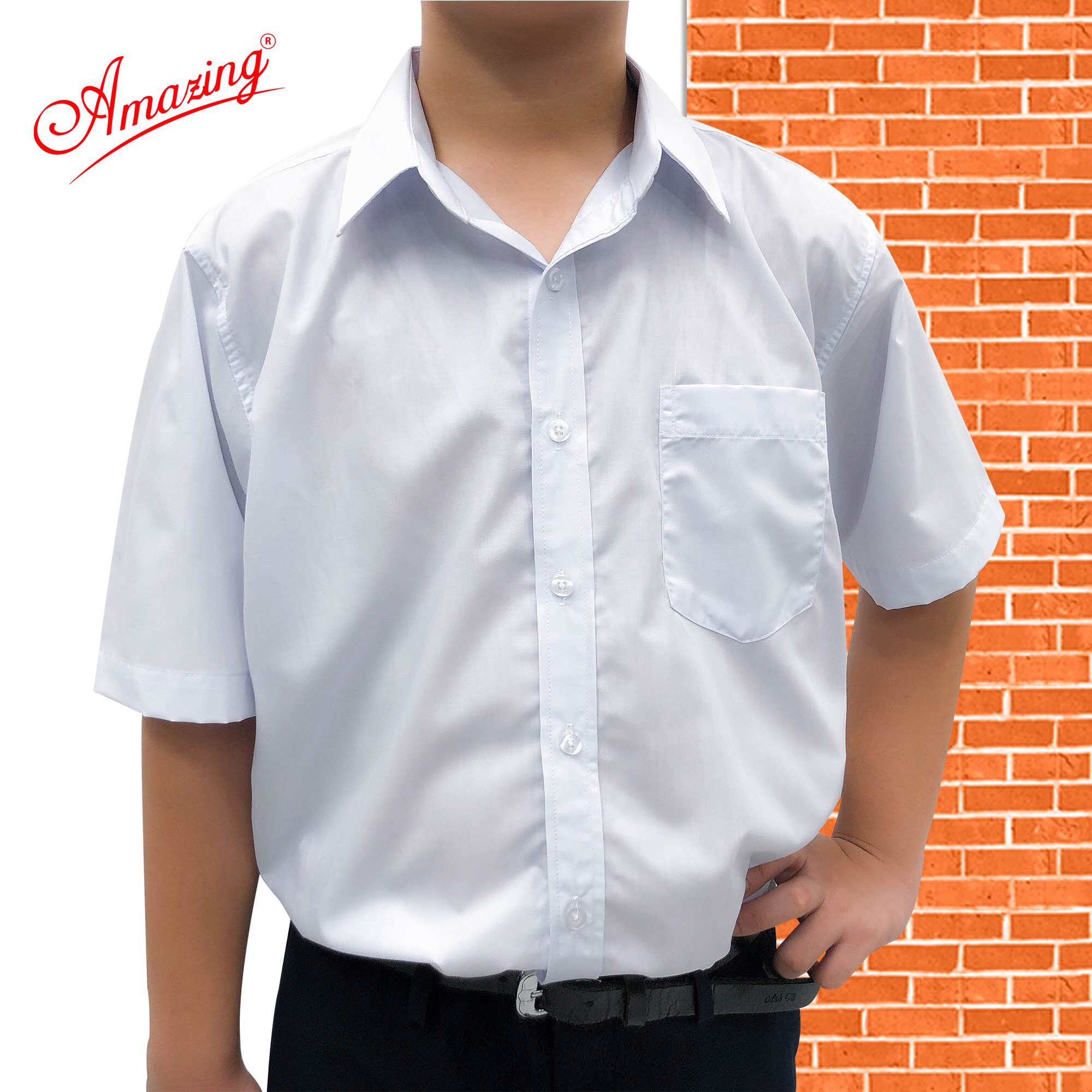 Mô tả Áo trắng học sinh nam Amazing, vải KT Silk  tay ngắn, đồng phục đi học cho bé trai từ 20-110 kg - 3