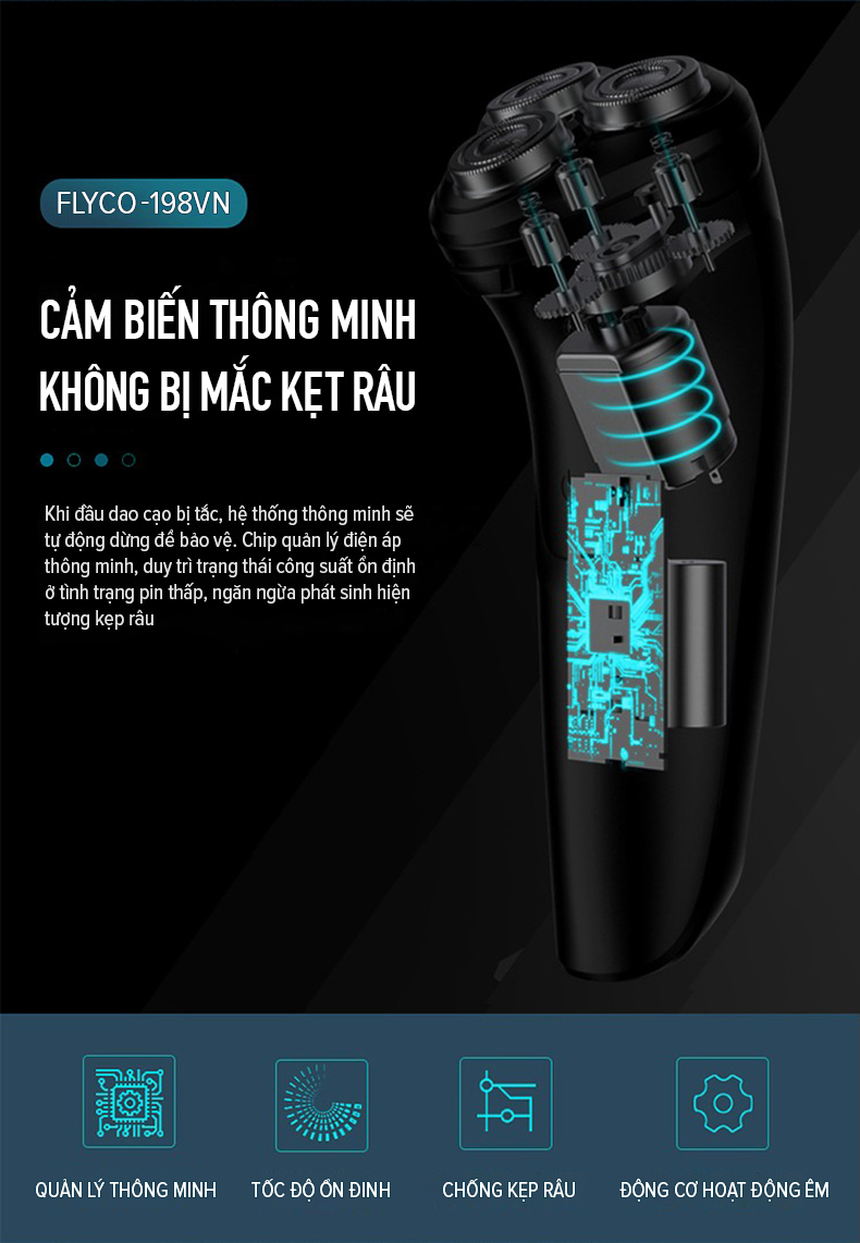 Mô tả Máy Cạo Râu Flyco 3 Lưỡi Kép Thân Máy Kháng Nước Sạc Nhanh 1 Giờ FS198VN Hàng Chính Hãng - 2