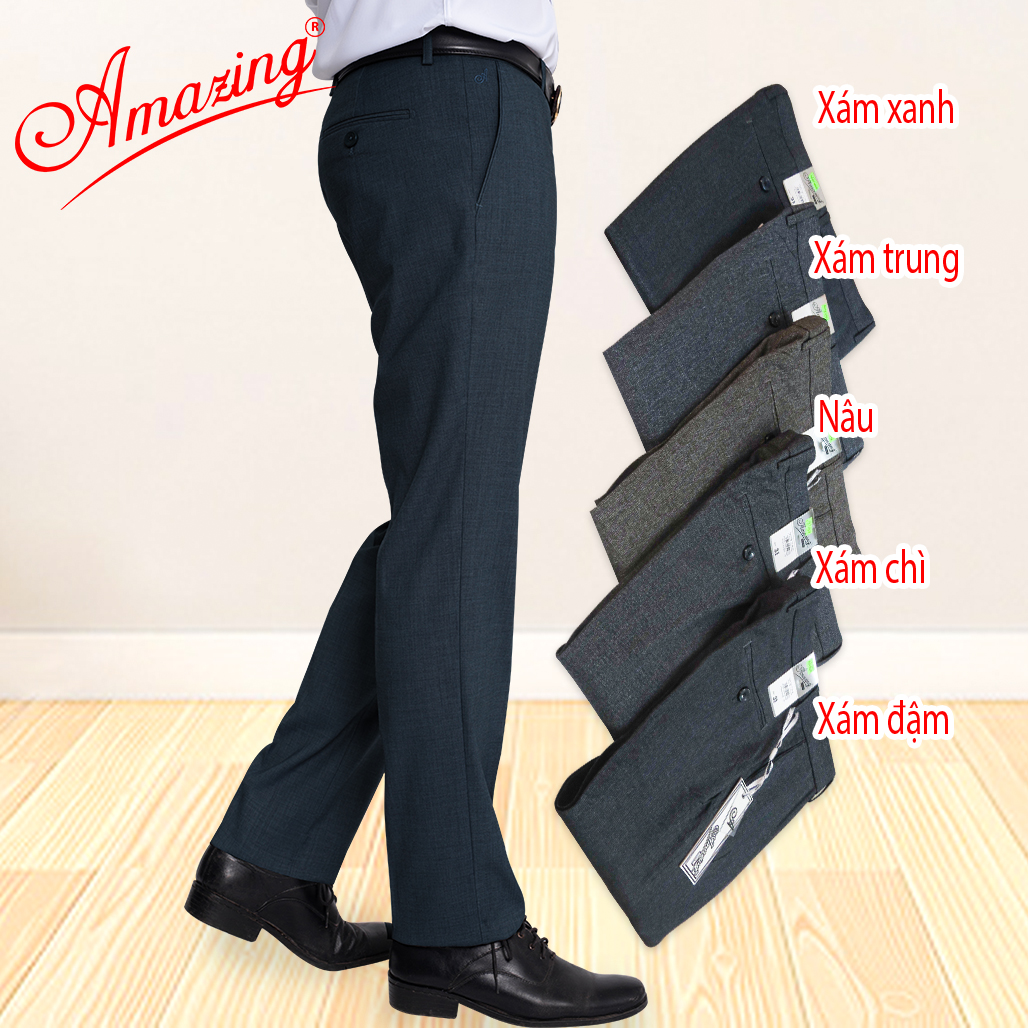 Mô tả Quần tây âu nam Amazing, màu xám, vân chìm, phong cách công sở trung niên, ống suông, không ly - 2
