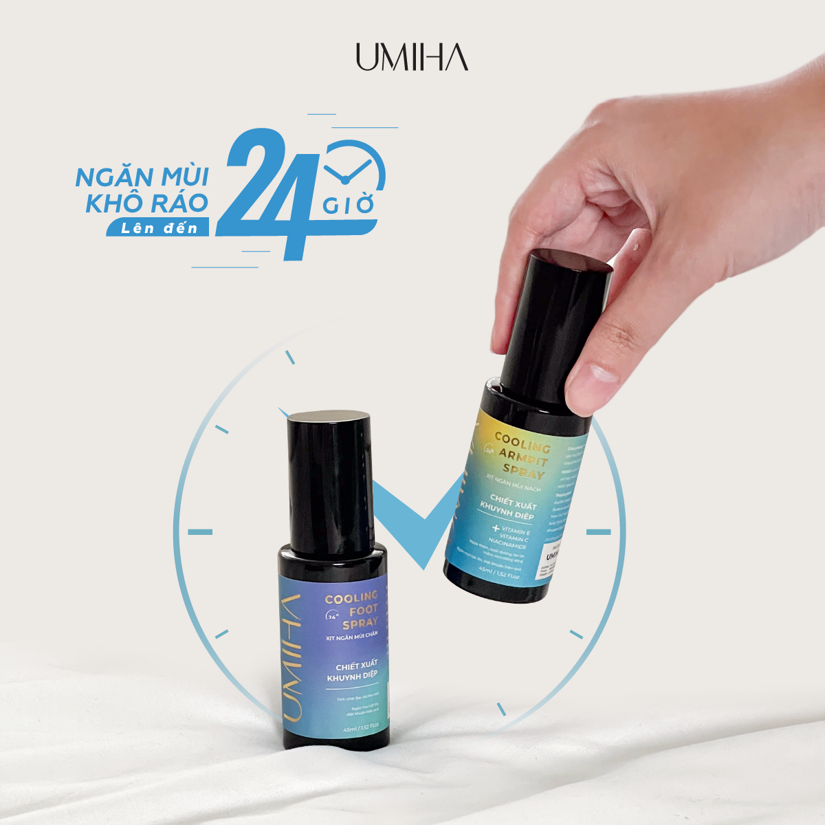 Mô tả Xịt thơm body Umiha (45ml) - Combo xịt khử mùi cơ thể bao gồm xịt khử mùi hôi chân và xịt khử mùi hôi nách - 3
