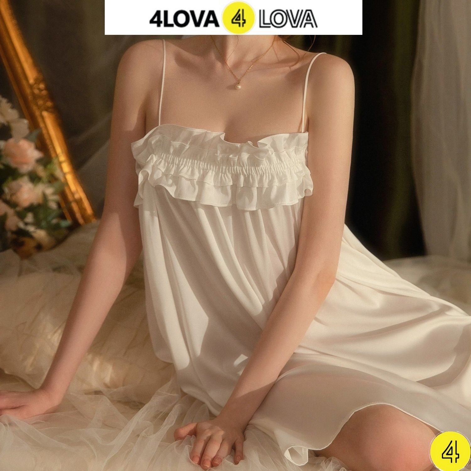 Mô tả Váy Ngủ 2 Dây Lụa Pháp Cao Cấp Bèo Ngực Dáng Suông 4LOVA - 1