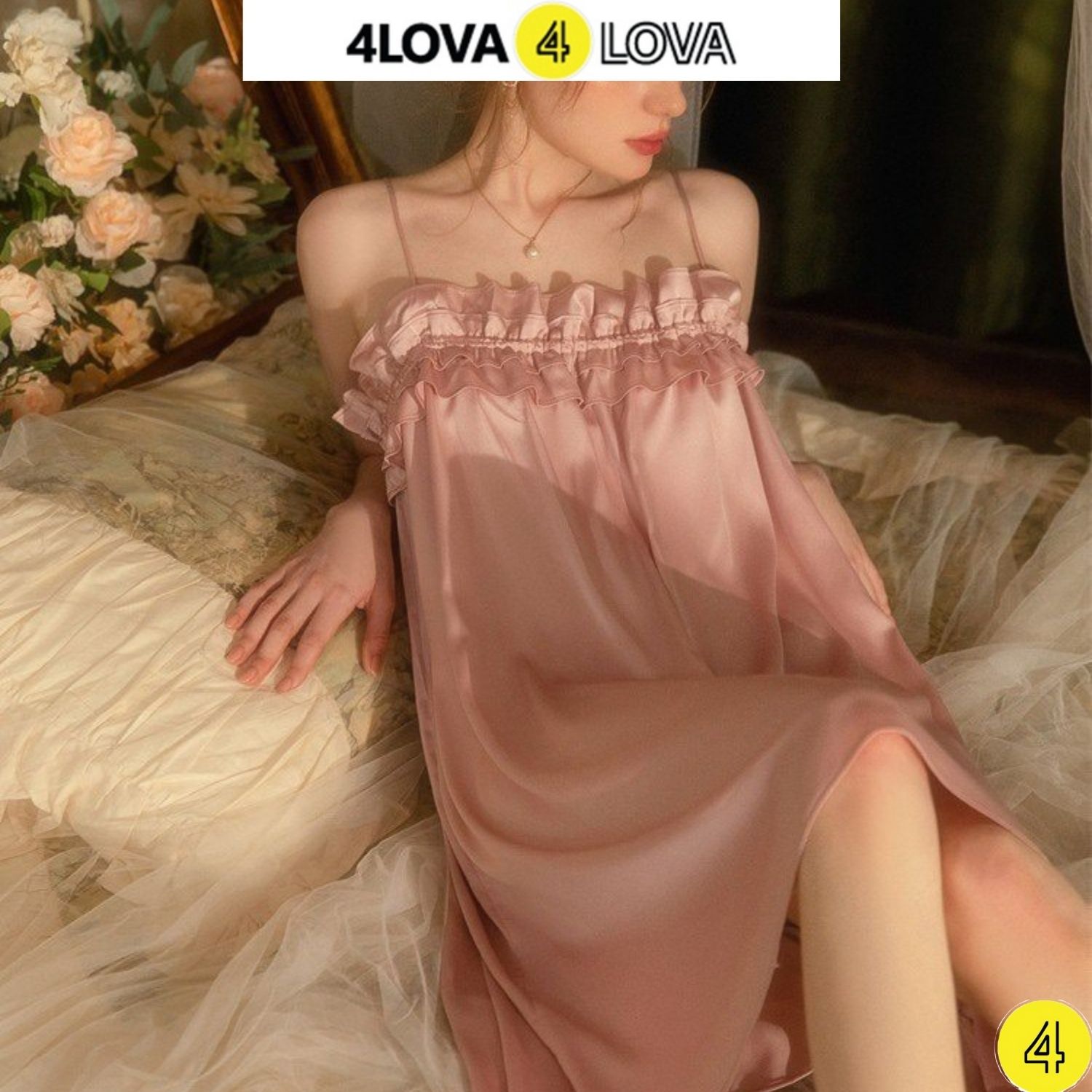 Mô tả Váy Ngủ 2 Dây Lụa Pháp Cao Cấp Bèo Ngực Dáng Suông 4LOVA - 2